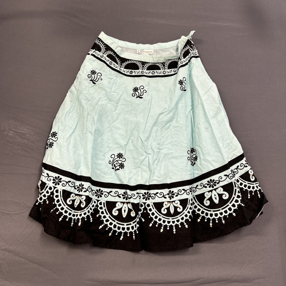 Dressbarn light blue A-line skirt features a black and Blue 8P - Picture 1 of 7